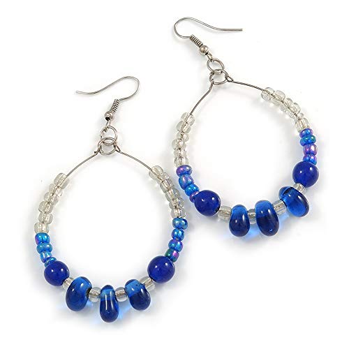 Royal Blue/Transparent Ceramic/Glass Bead Hoop Earrings In Silver Tone - 70mm Long