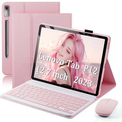 TUNKARMOR Keyboard Case for Lenovo Tab P12 12.7 Inch 2023 - Mouse and Detachable Keyboard PU Leather Cover Case Auto Sleep/Wake - Pink