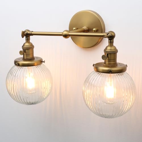 Image of PERMO 2 Lights Sconce with Switch Industrial Gold Wall Sconce Lighting with Ribbed Globe Lampshade Vintage Double Wall Sconce Bathroom Sconce, Hardwired, E26 Base