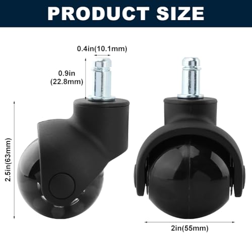 Office Chair Wheels Rubber Replacement Set of 5, 2 Inch Heavy Duty Rolling Chair Ball Casters for All Floor Or Carpet, Desk Chairs Wheels to Replace Office Chairs Mats - Thumbnail 2