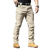 Lengender Pantalón Cargo para Hombre Multibolsillos con Cremallera Delgado Pantalón de Combate Pantalón de Trabajo Impermeable Pantalón Militar Táctico, Caqui claro., L