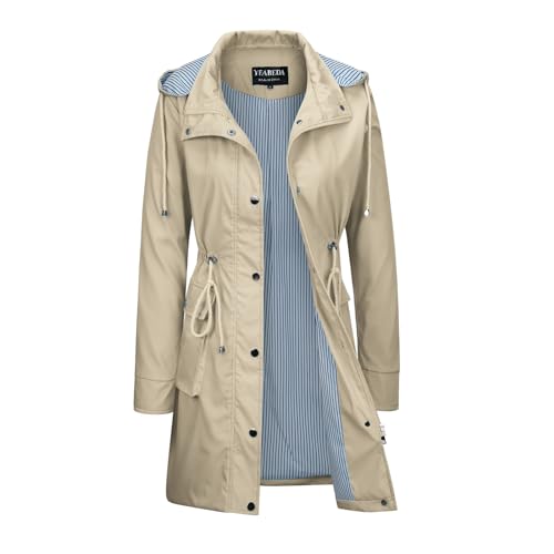 Womens Rain Trench Coat Waterproof with Hood Lightweight Raincoat Long Trench Raincoat Striped Lined Rain Jackets