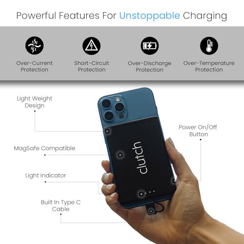 Clutch - Pro USB-C Portable Charger - Compatible with iPhone 15,16, 17 & Android Devices - Power Bank Magnetic Battery - TSA Travel Approved - USB Rechargeable - Built-in Cable - 5000 mAh - 3.7oz