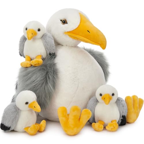 MaoGoLan 4Pcs Seagull Stuffed Animal with Babies Inside,17.7" Mama Seagull Plush with Three Adorable Baby Plushies for Small Hand,Beach Plush Lover Gift for Kids,Boys,Girls