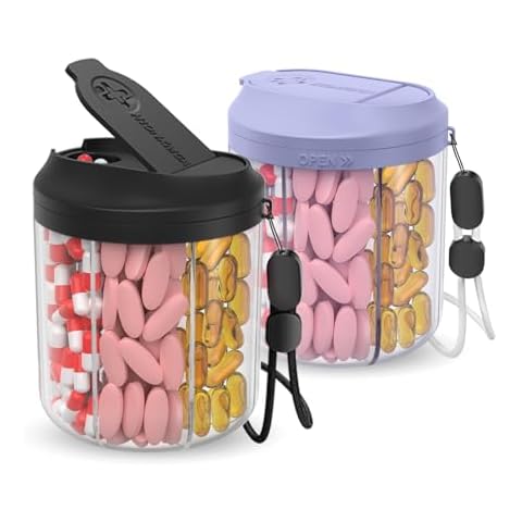 Hionxmga Pill Dispenser with 7 Large Compartments, 4.4" H x 3.6" Dia Pill Organizer for Travel, Supplement Organizer with Anti-Mixing Design, BPA-Free Pill Container with 20 Pcs Labels, Black+ Purple Cover
