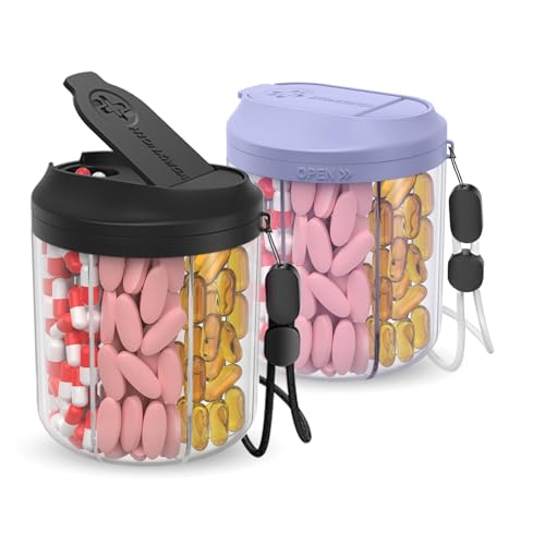 Image of Hionxmga Pill Dispenser with 7 Large Compartments, 4.4 inch H x 3.6 inch Dia Pill Organizer for Travel, Supplement Organizer with Anti-Mixing Design, BPA-Free Pill Container with 20 Pcs Labels, Black+ Purple