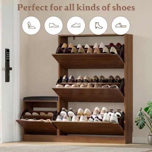 Image of BORNOON Shoe Cabinet with Bench and 3 Flip Drawers, Slim Narrow Shoe Storage Cabinet, Freestanding Shoe Rack Organizer with Adjustable & Removable Shelves, Anti-Tip for Entryway, Hallway, Foyer