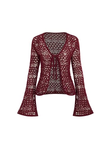 CIDER Womens Cardigans Hollow Out Crochet Bell Long Sleeve Tie Front Cover Ups Vacation Outfits