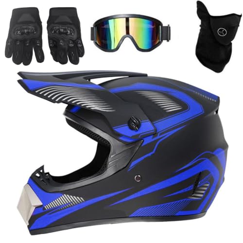 Casco Integrale Motocross per Bambini e Adulti Casco Motocross Integrale Casco da Moto con Occhiali Protettivi Guanti Copertura Facciale(Blu S)