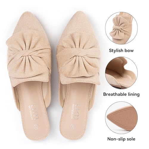 Image of MUSSHOE Pointed Toe Women's Bow Mules: Slip On Backless Loafers - Dressy Casual Flat Shoes for Office Work & Everyday Wear