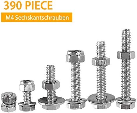 JatilEr 390pcs M4 Lock Nuts and Bolts Assortment Set, DIN 933 Stainless Steel Socket Cap Head M4 Nylon Lock Nuts Bolts (DIN 985, 934) and Washers (DIN 9021,127,125) Machine Screws Assorted Metric Kit