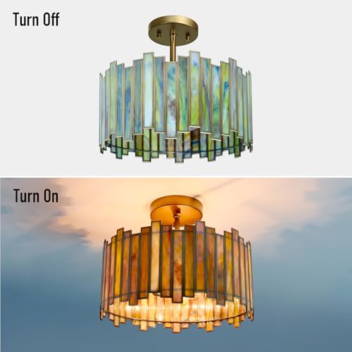 Wrlmfy Antique Brass Ceiling Light Fixture in Drum Shape, 12.5” Semi Flush Mount Stained Tiffany Lamp with Mable Green Glass, 3 Light Round Ceiling Hanging Lighting for Foyer Hallway Bedroom Kitchen by Wrlmfy - Used condition - Image 4