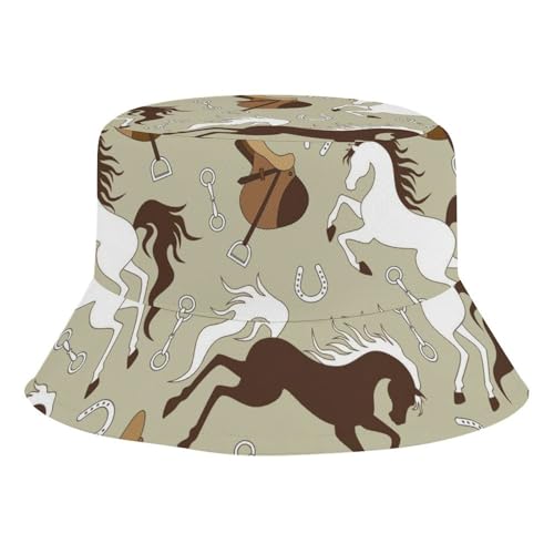 Brown and White Horse Saddle and HorseshoeChildren's Bucket Hat for Boys and Girls, Breathable Summer Beach Hat54cm - Main Image