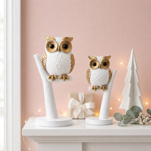 Image of Amazon Basics Majestic Owl Figurine Set for Home & Office Decor | Modern Ceramic Bird Sculpture Showpieces for Living Room, Shelf, Study Table & Entrance Styling (White & Gold, Set of 2)