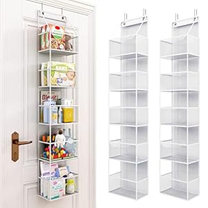 Fixwal 2 Pack 5-Shelf Over The Door Hanging Pantry Organizer, Hanging Storage with Clear Plastic Pockets, Large Capacity Door Organizer for Closet, Bedroom, Nursery, Bathroom and Sundries