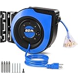 SURAIELEC 12 Gauge Retractable Extension Cord Reel, 60 FT 12 AWG/3C SJTOW Heavy Duty Power Cord, 3 Outlets Triple Tap, 15 AMP Circuit Breaker, Ceiling/Wall Mount, UL Listed