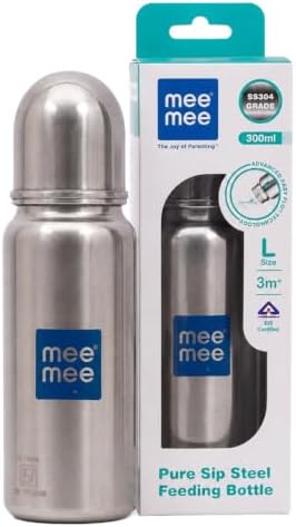 Mee Mee Anti-Colic Stainless Steel Baby Feeding Bottle, Food-Grade Silicone Teat, Wide Mouth, BPA-Free, Odour-Free, 100% Plastic-Free Body โ Safe Infant Feeding- 300ml