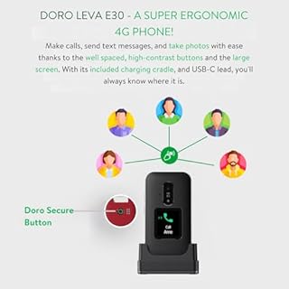 Doro Leva E30-4G Flip Phone for Elderly - Large 2.8" Screen, External Display, High Contrast Keys, Loud & Clear Sound, Camera Secure Button - Charging Cradle Included - Red/White