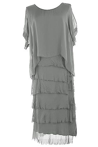 Image of TEXTURE Ladies Womens Italian Lagenlook Plain Short Sleeve Frill RARA Frayed Detail Silk Midi Maxi Dress One Size (UK, Alpha, One Size, Regular, Regular, Mid Grey)
