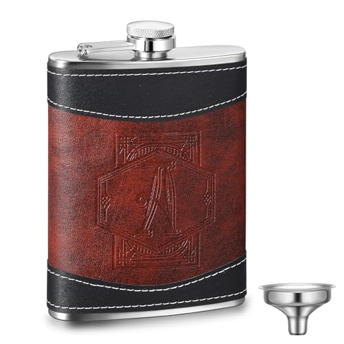 Baderke Personalized Groomsmen Flask 8 oz Stainless Steel Monogram Hip Flask for Men Leather Father's Day Gift for Dad Grandpa Birthday Wedding(Letter A)