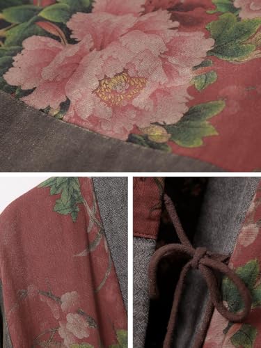 Vintage Floral Patchwork Kimono Coat for Women Long Gray Burgundy Linen Open Front Jacket with Pockets Boho Chic Casual Wear (US, Alpha, One Size, Regular, Regular, Red gray splicing) - Thumbnail 7