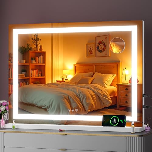 Batuso Vanity Mirror with Lights, 32" x 22" LED Makeup Mirror with 10X Magnification, Dimmable 3 Modes, Memory Function, Smart Touch, USB Charging Port, Lighted Makeup Mirror Square White