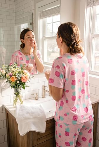 Image of Ekouaer Womens Satin Silky Pajama Set Short Sleeve Shirt with Long Pajama Pant Set Soft PJ Loungewear