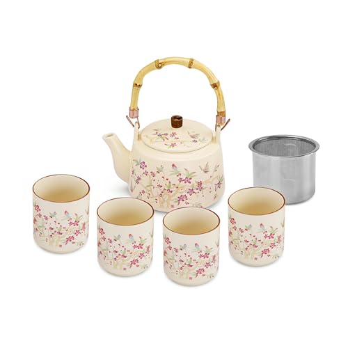 fanquare Juegos de té Kungfu con flores Tetera de porcelana esmaltada amarilla con infusor Tazas de té japonesas para adultos Regalo, una tetera con 4 tazas