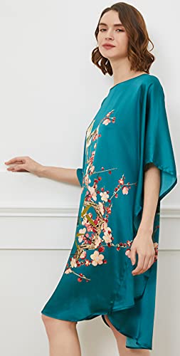 Ledamon Women's 100% Silk Short Robe Bathrobe Nightgown Pajama Sleepwear -Classic Batwing Sleeved (Dark Green) #TOP2
