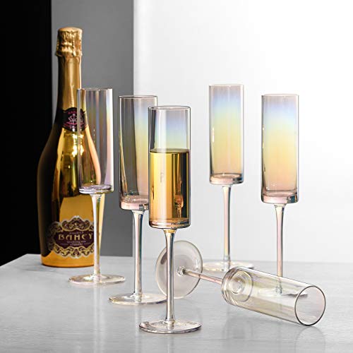 Yinuowei Champagne Flutes - Luster Pearly Iridescent Champagne Glasses Set Of 6, Lead-Free Premium Crystal, Gifts For Weddings, Anniversaries, Christmas, 6.3 Oz #TOP6