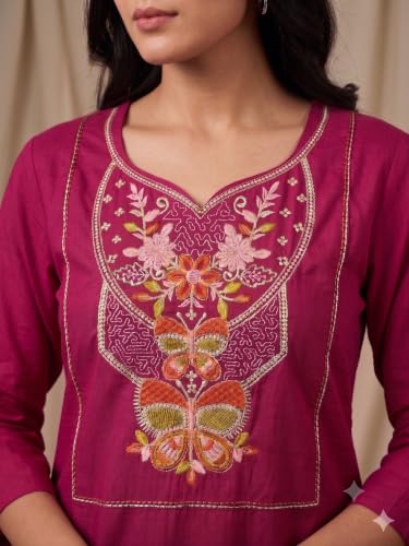 Image of Cotton Blend Embroidered Straight Kurta for Women | Cotton Blend | 3 /4 Sleeve | Round Neck V-Slit | Ethnic Wear Casual Wear