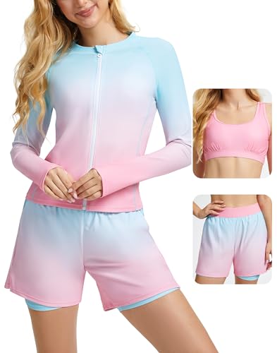 Cagola - Cagola Rash Guard for Women - 3 Piece Long Sleeve Bathing Suit with Boyshorts and Bra, UPF 50+, Gradient Blue, Medium - Best Deal on Amazon