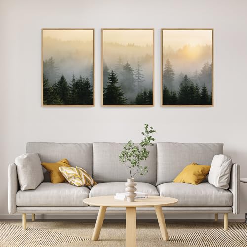 FWIEXA Misty Forest Wall Art Set Framed, Large Mountains Canvas Wall Decor, Green Nature Wall Painting, Foggy Tree Landscape Artwork 3 Panel 24x36 Inches for Living Room, Bedroom, Office, Gift - Image 2