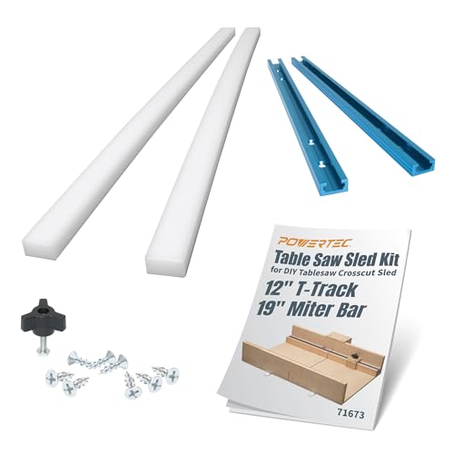POWERTEC Table Saw Sled Kit w/ 12” T Track, 19” HDPE Miter Bar, Knob, Bolt & Screws Set for DIY Tablesaw Crosscut Sled, Fits 3/4' x 3/8' Miter Slot on Table Saws Wood Working & Accessories (71673)