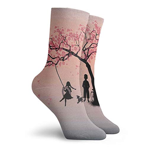 Fashion Compression Socks,Children Playing On A Tire Swing Under Cherry Tree With Dog Blossom Spring Art,Performance Polyester Cushioned Athletic Crew Socks for Running,Athletic, -12 inch2