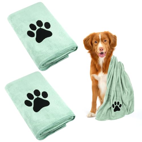 Hundehandtuch, 2 Stück Hundehandtuch Extra Saugfähig für Hunde Und Katzen, Grün Schnelltrocknend Haustier Mikrofaser Handtücher, Hunde Handtuch für Katzen, Hunde Oder Andere Haustiere (75 x 35 cm)