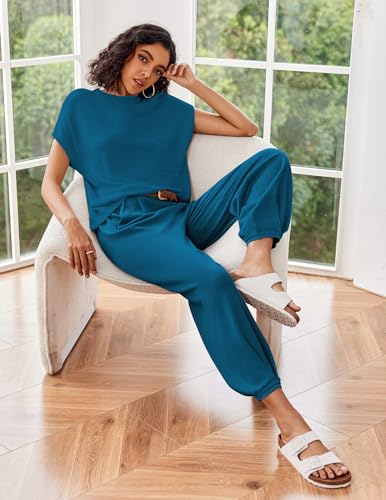 Image of Ekouaer Two Piece Outfits Lounge Sets for Women Sweater Sets Knit Short Sleeve Tops Jogger Pants Matching Tracksuit