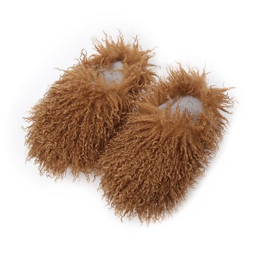 Image of Unisex Fuzzy Faux Fur Slippers, Women's Fluffy Long Hair Sheep Faux Fur Slip on Slides, Girls Luxury Big Fluffy Outdoor Flat Slippers, Long Curly Hair Non-Slip Warm Home Slide Shoes