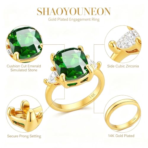 SHAOYOUNEON 14K Gold Plated Emerald CZ Ring Women Cut Solitaire Stone Rings by SHAOYOUNEON - Used condition - Image 5