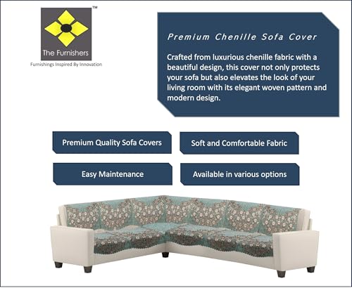 Image of Premium Chenille Woven Anti-Slip 6 Seater L-Shape Sofa Cover | L-Shape Sofa Seat Protector for Living Room | Durable & Stylish Slipcover - Teal Phoolkari