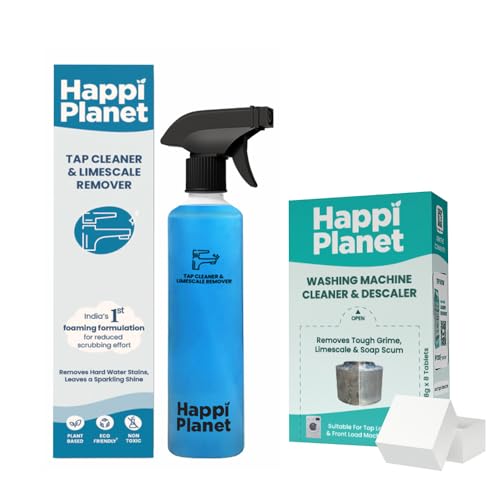 Image of Happi Planet | Tap Cleaner & Limescale Remover and Washing Machine Cleaner Tablets Combo | India's 1st Foaming Formulation for Reduced Scrubbing Effort, Non-Toxic