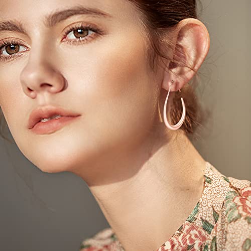 Lightweight Teardrop Hoop Earrings For Women - 14K Gold/White Gold Plated Large Oval Pull Through Hoop Earrings High Polished Statement Jewelry Gift For Women Teen Girls (Rose Gold) #TOP3