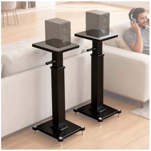 Universal Speaker Stands Pair Height Adjustable 19"-26.7", Surround Sound Speaker Stands for Most Satellite, Studio, Bookshelf Speakers — Floor Speaker Stands Up to 110LBS (Black, 19~26.7in)