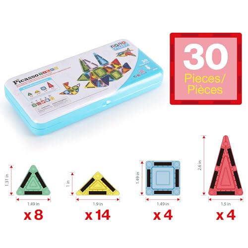 Image of PicassoTiles Magnetic Tiles 30pc Nano Building Construction Set Compact Mini Travel Magnet Tile Playset with Tin Storage Case STEM Educational Learning School Brain Toy Blocks Boys Girls Ages 3+ PN09