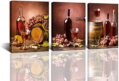 Baisuwallart-3 Pieces Kitchen Wall Decor Red Wine Cups HD Modern Framed Wall Art Restaurant Canvas Prints Pictures Paintings Wine Glass Barrel for Dining Room Artwork Larger