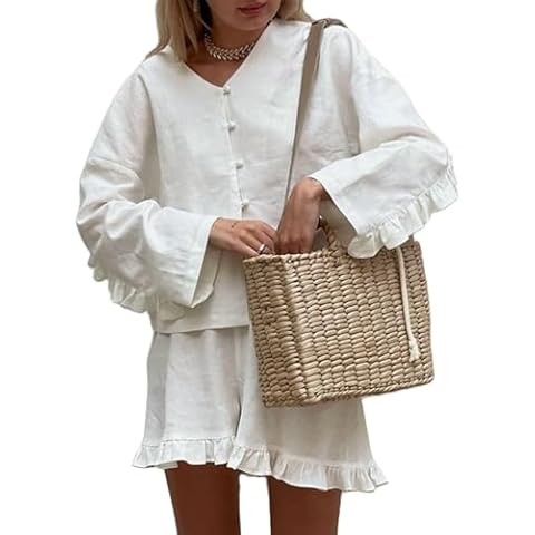 XBTCLXEBCO Linen Shorts Outfits Women 2 Piece Set Tie Front Long Sleeve Shirt and Ruffle Shorts Lounge Matching Set Tracksuit(Ruffle White, Small) Cover