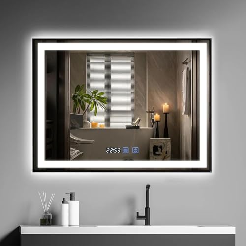 YU YUSING Espejo Baño con Luz LED Regulable, 80x60cm, Espejo de Pared 3 Colores, Marco Metal, Espejos de Baño con Interruptor Táctil, Antivaho, Visualización Tiempo, IP44, Horizontal Negro