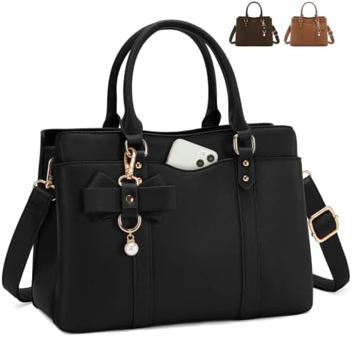 RAINSMORE Handtasche Damen Mittelgroß PU Leder Umhängetasche Damen Schwarz | Henkeltasche Damen mit schultergurt für Arbeit Täglich, Damen Tasche für 11 Zoll Tablet
