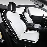 SUIYIO Custom Fit Seat Covers for 2025 2026 Tesla Model Y Juniper (5-Seater) - Ventilated Seats & Rear Screen Compatible - Nappa Leather Full Set Car Seat Protectors (Black+ White, Model Y 2025)