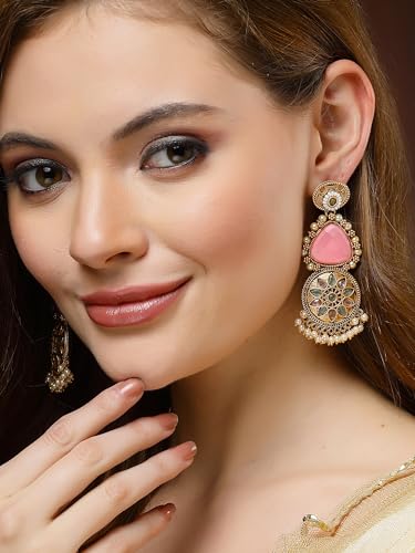 Image of Karatcart Red Stone Studded Gold Plated Drop Earrings for Women